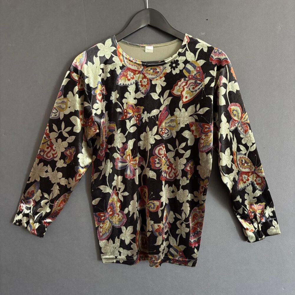Vintage Y2K Butterfly Floral Velvet Top Whimsigoth Made USA - Size M